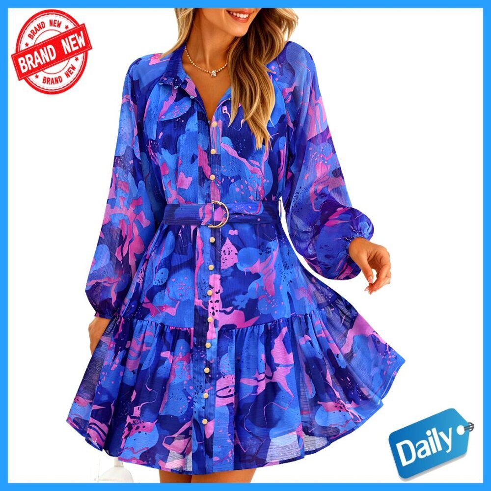Floral Chiffon Mini Dress Long Sleeve Button Front A-Line Swing Party Wear